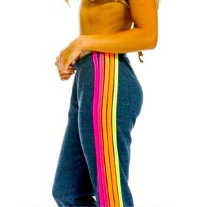 Aviator Nation M 5 stripe sweatpants blue/charcoal neon stripes gently worn